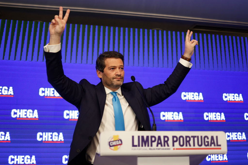Chega leader Andre Ventura addresses supporters on election night. Credit: Getty