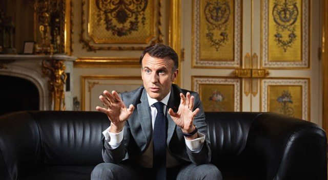 An action shot of Emmanuel Macron accompanying his Economist interview. Credit: Ed Alcock