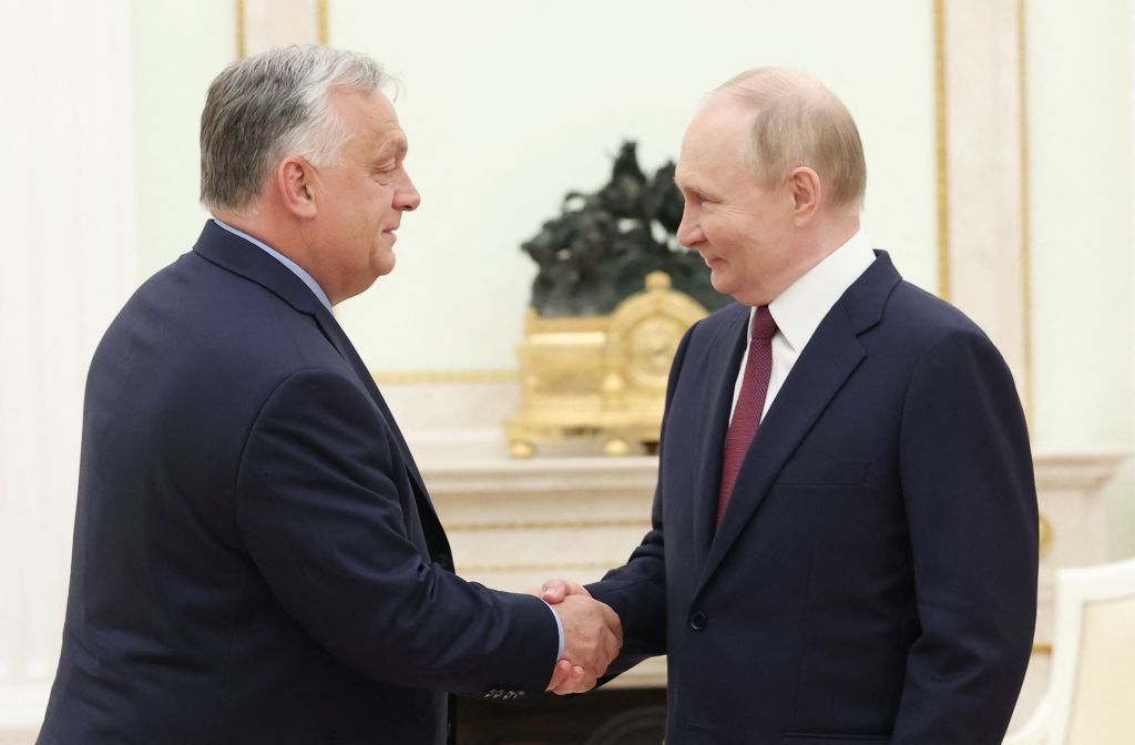 Viktor Orbán and Vladimir Putin meet in Moscow last week. Credit: Getty