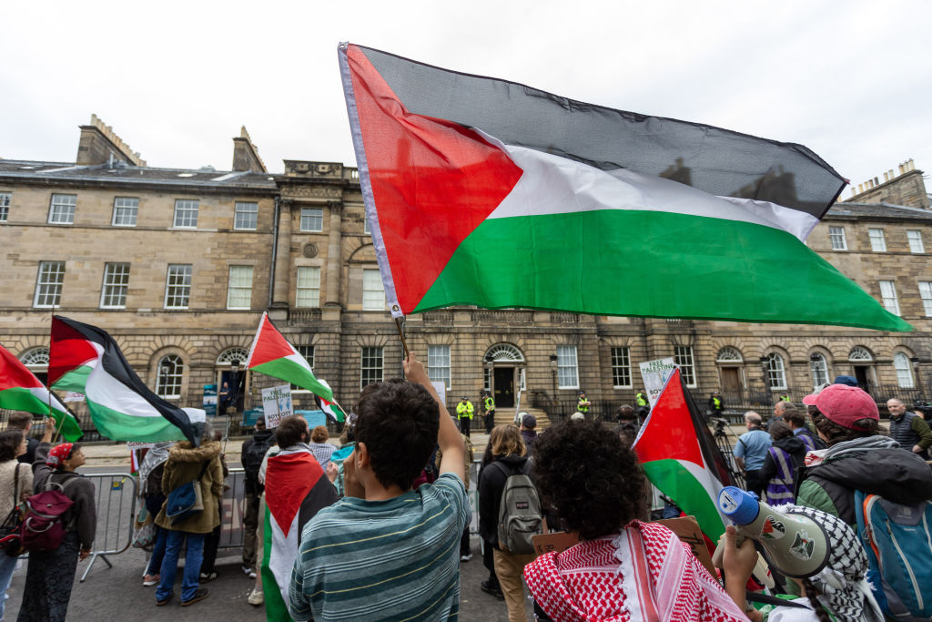 Pro-Palestinian protestors gather outside the Scottish First Minister residence in Edinburgh, Bute House, last month. Credit: Getty