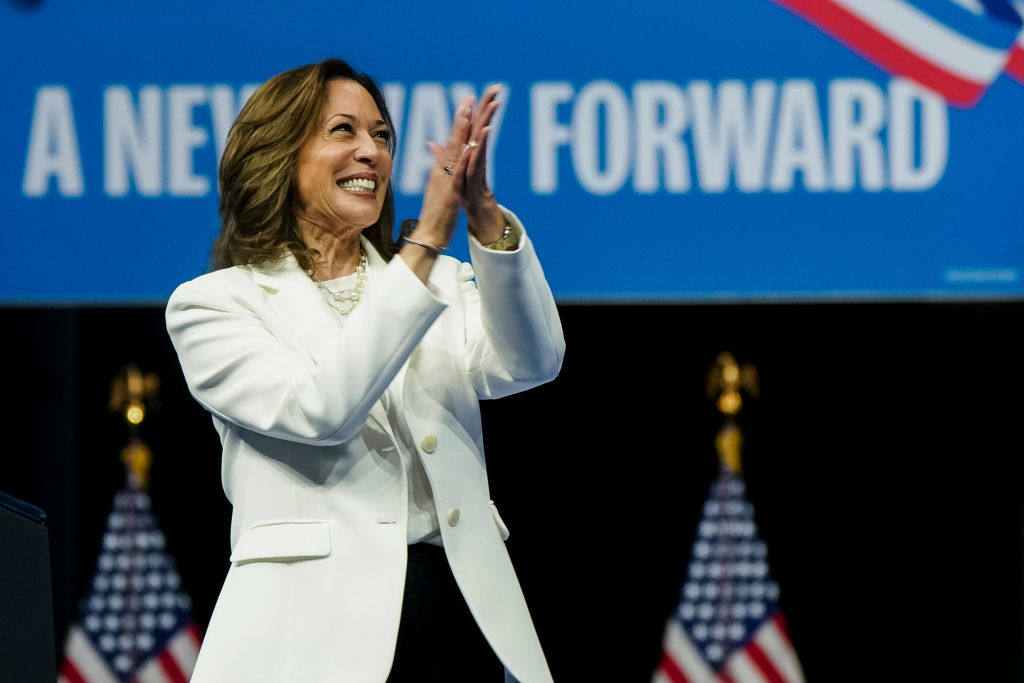 Kamala Harris speaks at a campaign event in Georgia yesterday. Credit: Getty