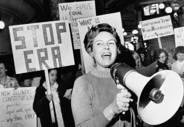 Phyllis Schlafly protesting against the equal rights amendment in the Seventies (Bettmann Archive/Getty Images)