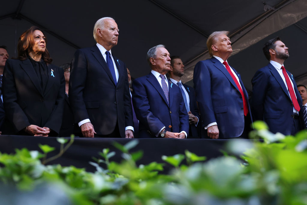 Kamala Harris, Joe Biden, Michael Bloomberg, Donald Trump and J.D. Vance attend the annual 9/11 Commemoration Ceremony on September 11, 2024 in New York City. Credit: Getty 