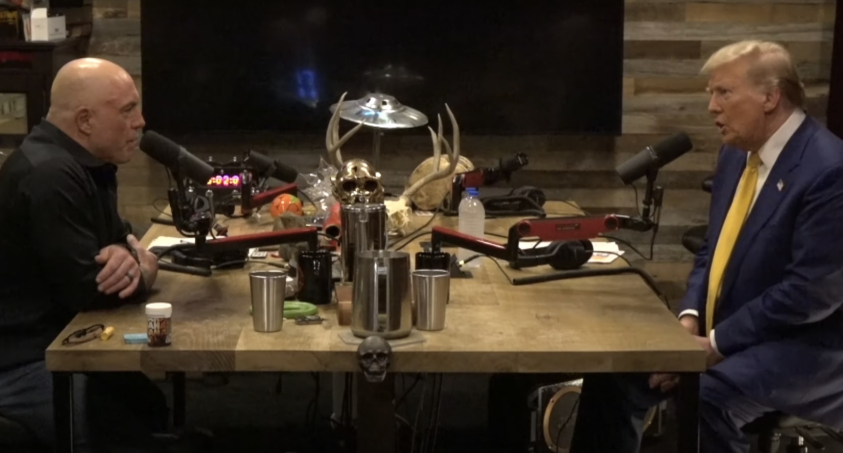 Joe Rogan speaks to Donald Trump last month. Credit: Getty