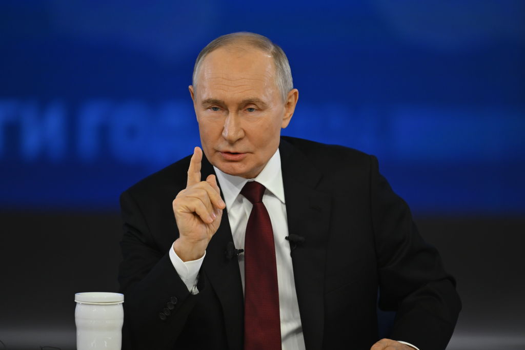 Vladimir Putin speaks during his end-of-year press conference in Moscow. Credit: Getty
