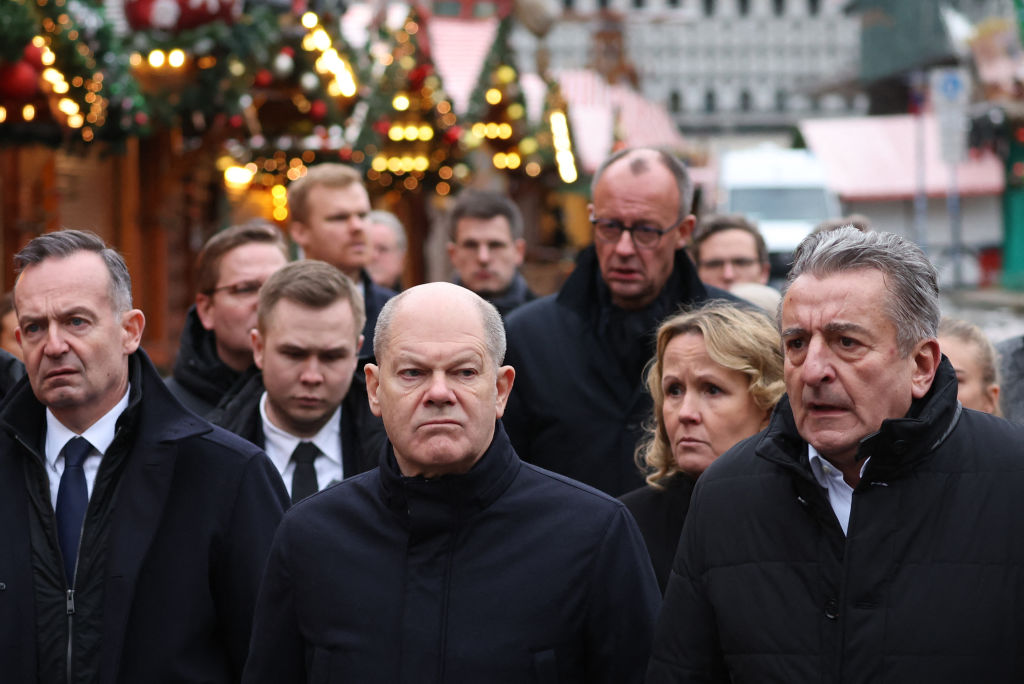 German Chancellor Olaf Scholz visits the site of the Magdeburg Christmas market attack on Saturday. Credit: Getty