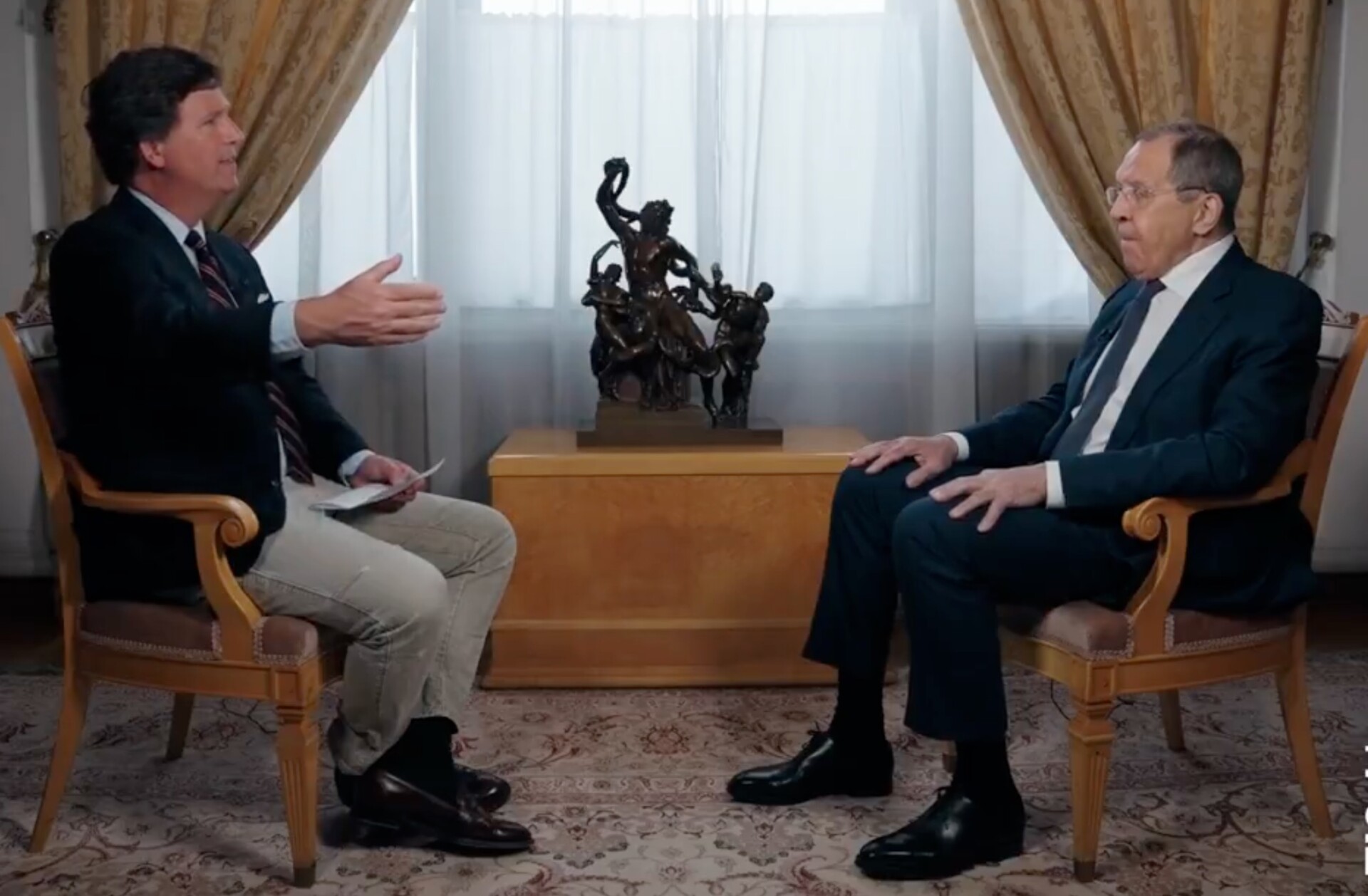 Tucker Carlson interviews Sergey Lavrov. Credit: Tucker Carlson/X
