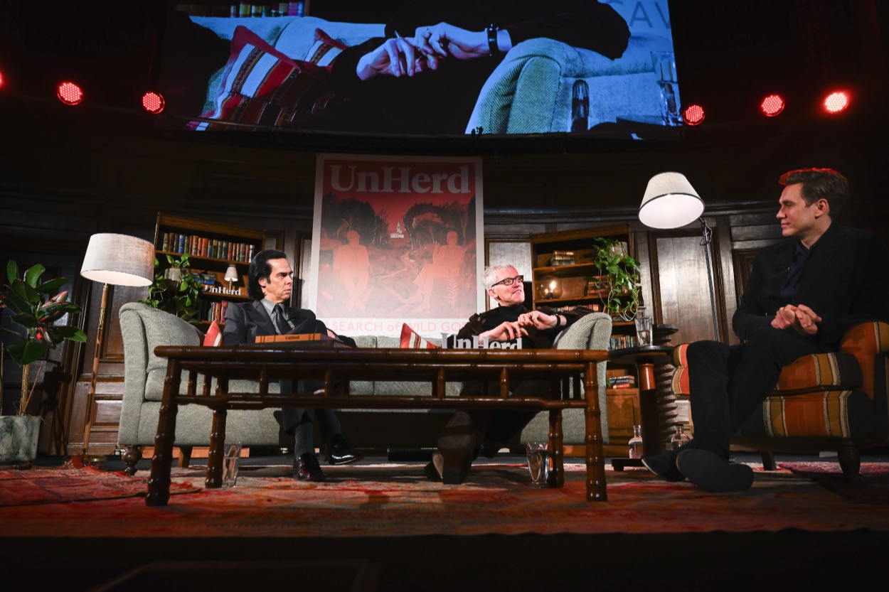 Nick Cave, Tom Holland and Freddie Sayers at the Emmanuel Centre. Credit: Stuart Mitchell