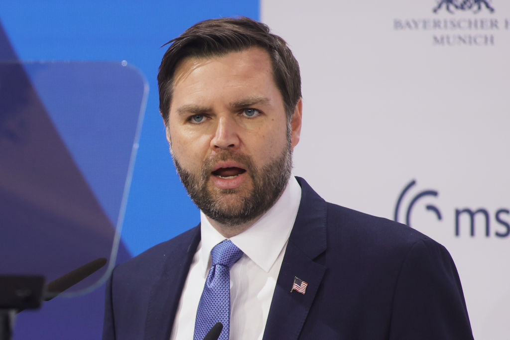 US Vice President JD Vance speaks at the Munich Security Conference on Friday. Credit: Getty