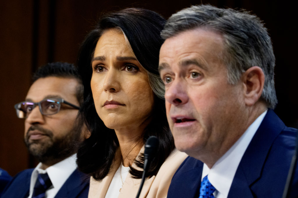 FBI Director Kash Patel, Director of National Intelligence Tulsi Gabbard and CIA Director John Ratcliffe at today's Senate hearing. Credit: Getty