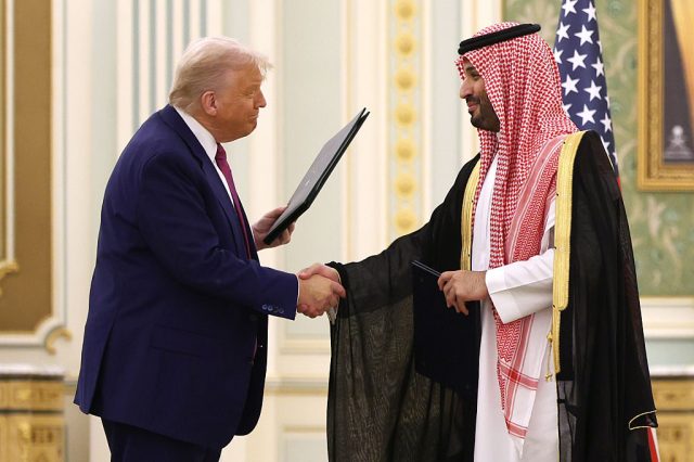 Trump shaking hands with Prince Mohammed bin Salman last week. Credit: Getty