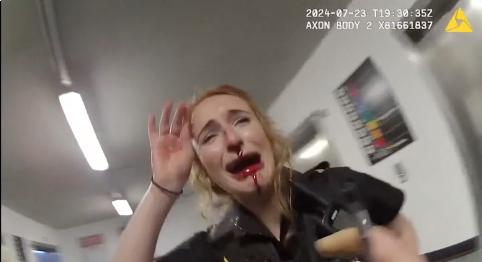 Bodycam footage of PC Lydia Ward after being punched during the brawl. Credit: CPS