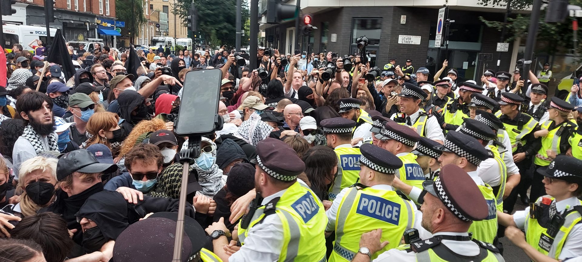 Police clashed with antifascist demonstrators. Credit: Jack Davey