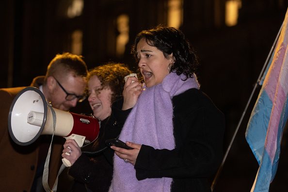 Labour MP Nadia Whittome addresses a 2023 demonstration for trans rights. Credit: Getty