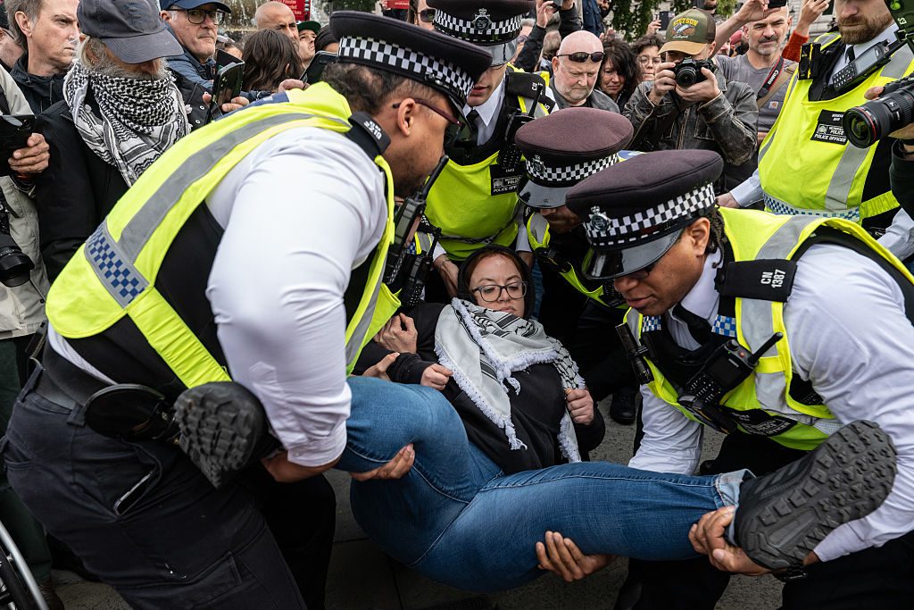 Palestine Action protesters feel the strong arm of the law on Saturday. Credit: Getty
