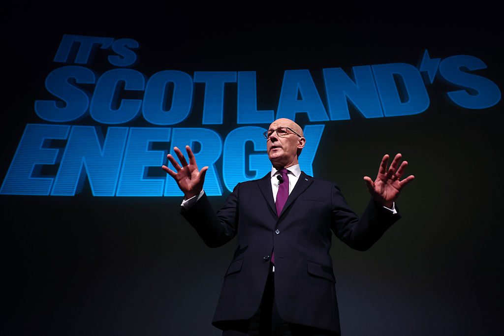 Scottish First Minister John Swinney speaks in Glasgow this morning. Credit: Getty