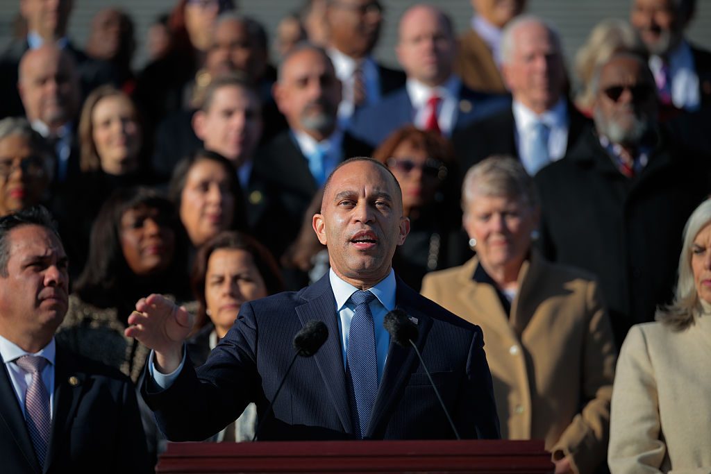 House Minority Leader Hakeem Jeffries (D-NY) and fellow Democratic leaders in front of the Capitol. Credit: Getty