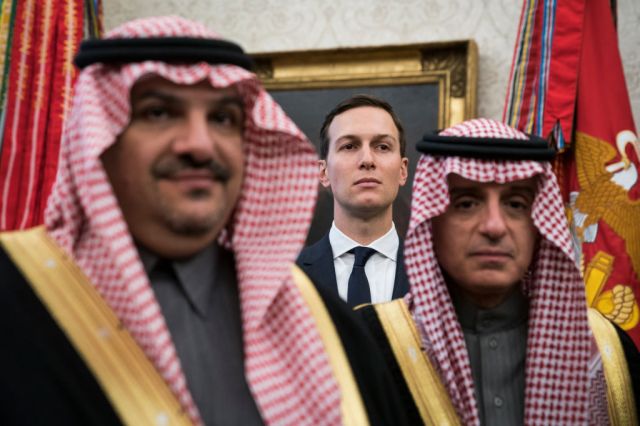 Jared Kushner stands with Saudi officials in the Oval Office in 2018. (Jabin Botsford/The Washington Post/ Getty)